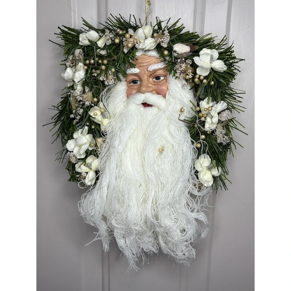 Vintage Santa Face Christmas Wreath Magnolia Flowers Pine Porcelain